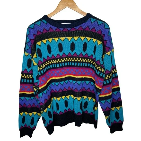 Vintage 90’s Chauvin Geometric Retro Turquoise Knit Sweater - Picture 1 of 8